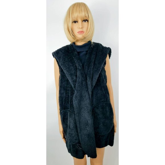Sabrina Lauren NY Womens Hooded Vest Black Open Front Faux Fur Jacket L New - Picture 1 of 7
